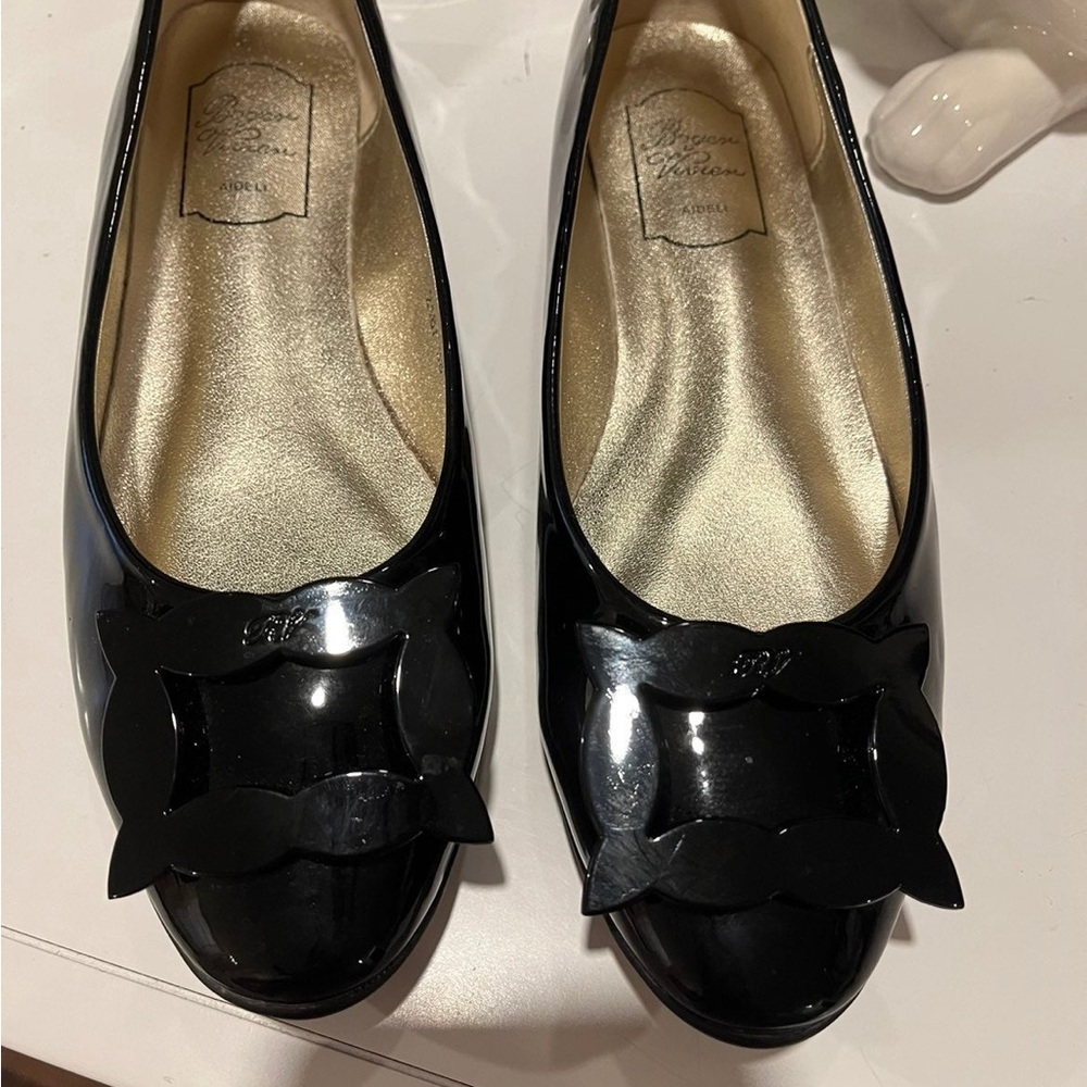 Roger Vivier Black Pantent Leather Buckle Ballerina Trompette Flats Shoes - Picture 2 of 7
